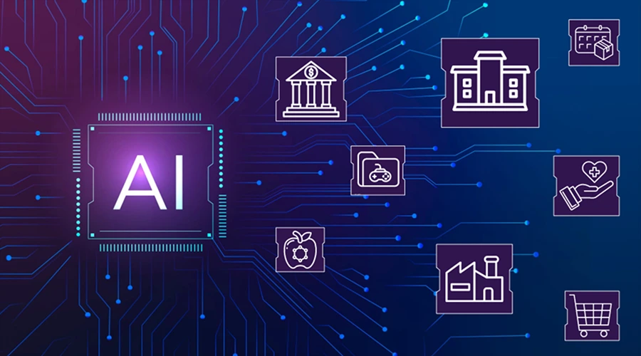 AI-Powered App Development - WeeTech Solution Pvt Ltd A glowing central computer chip labeled "AI" with circuit pathways branching out to various sector icons, including banking, healthcare, manufacturing, and retail.