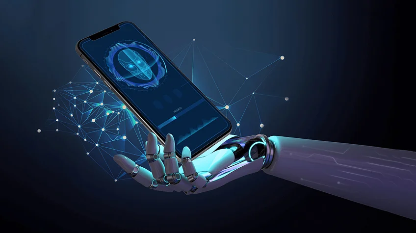 AI in Mobile App Development Transforming the Future of Apps - WeeTech Solution Pvt Ltd A robotic hand holding a smartphone that displays a glowing blue facial recognition biometric graphic against a dark, abstract network background.