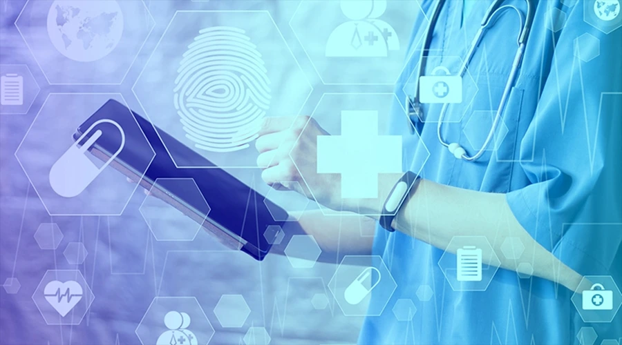 Healthcare worker using a digital tablet overlaid with medical icons like pills, cross symbols, and fingerprints.