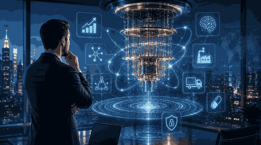 Benefits for Businesses Quantum Computing - WeeTech Solution Pvt Ltd A businessman looking at a glowing digital visualization of a quantum computer surrounded by industry icons overlooking a city night skyline.