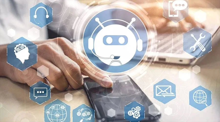 Hands using a smartphone surrounded by digital icons representing AI chatbot features like support, communication, and tools.