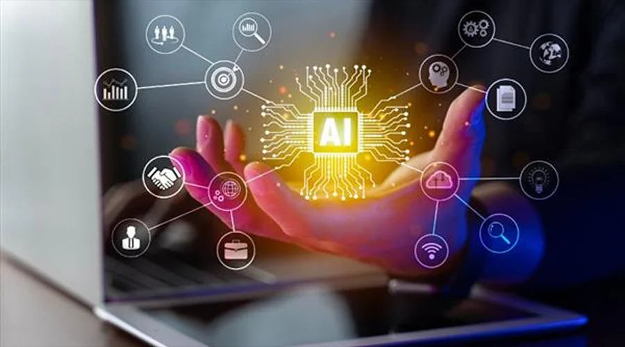 Benefits of Generative AI Integration - WeeTech Solution Pvt Ltd A glowing AI processor icon cupped in a person's hand, branching out to network nodes for business operations.