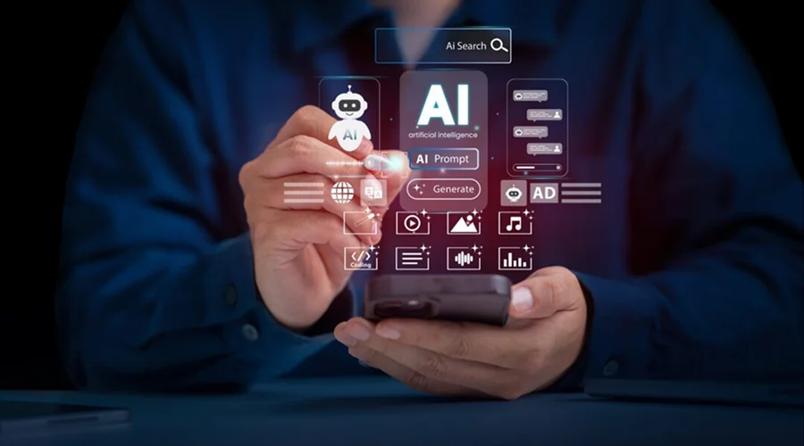 Common Use Cases of AI in Mobile Apps - WeeTech Solution Pvt Ltd A person interacting with a smartphone using a stylus, surrounded by a floating holographic UI showing a robot assistant, an AI search bar, and various digital media icons.