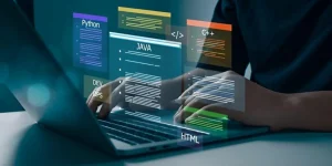 Person typing on a laptop with floating holographic screens showing programming languages.