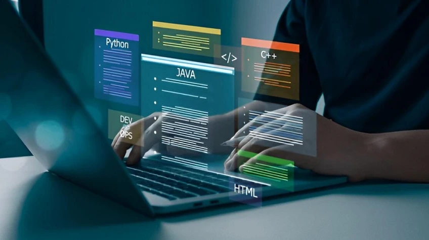 Person typing on a laptop with floating holographic screens showing programming languages.