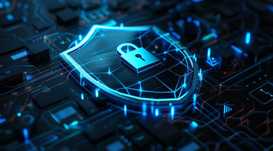 A glowing blue digital shield with a central padlock icon resting on a dark electronic circuit board.