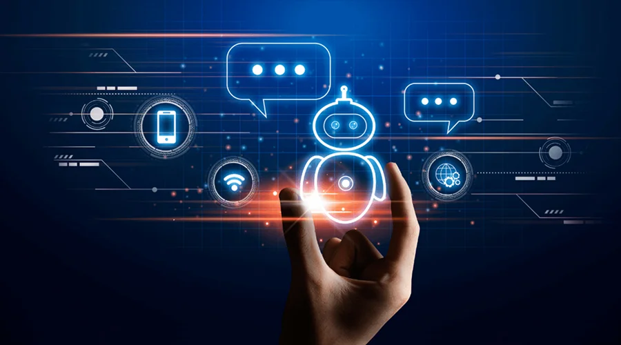 Generative AI Customer service and chatbots - WeeTech Solution Pvt Ltd A hand gesturing toward a glowing blue chatbot icon flanked by speech bubbles and connectivity symbols.