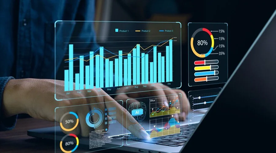 Generative AI Data analysis and business intelligence - WeeTech Solution Pvt Ltd Hands typing on a laptop with interactive digital charts, bar graphs, and data analytics dashboards overlaid on screen.