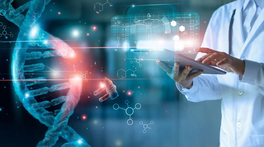 Healthcare and Pharmaceuticals - WeeTech Solution Pvt Ltd A medical professional in a white coat using a tablet alongside digital graphics of a DNA strand and molecular structures.