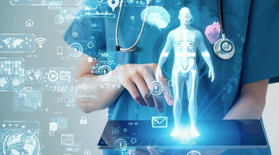 A medical professional holding a tablet that projects a glowing blue holographic model of the human body and digital health data.