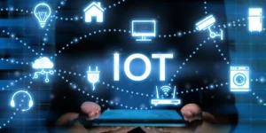 IoT concept showing connected smart devices and network icons over digital interface