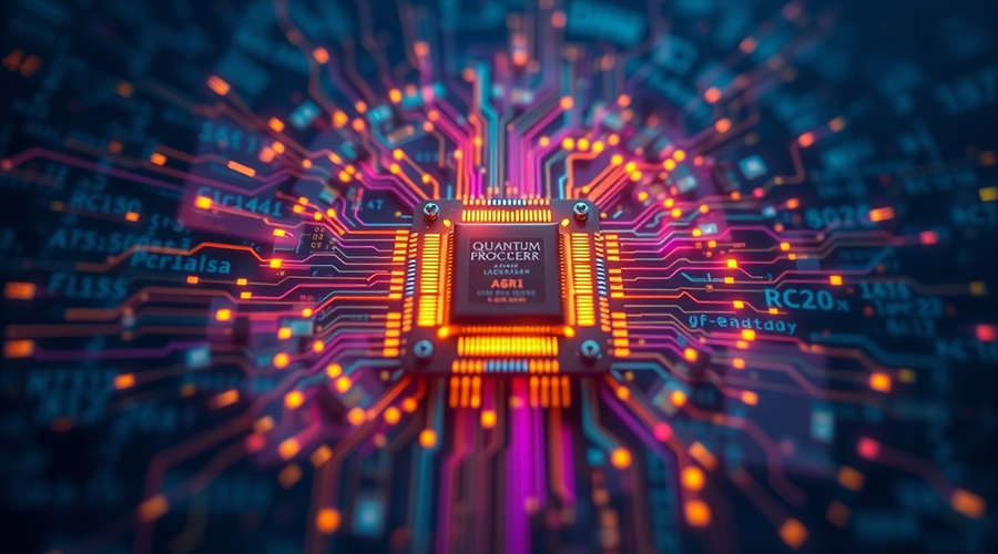 A close-up of a futuristic processor chip labeled "QUANTUM PROCESSOR" with vibrant orange and pink circuit paths radiating outward.