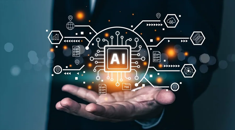 How to Integrate AI into Mobile Apps - WeeTech Solution Pvt Ltd An open palm holding a glowing holographic AI microprocessor chip that extends circuit lines to surrounding cloud computing and data analytics icons.