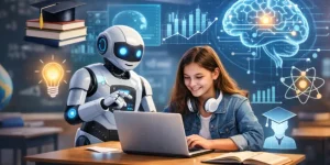 Student using laptop with AI robot assistant in a digital learning environment