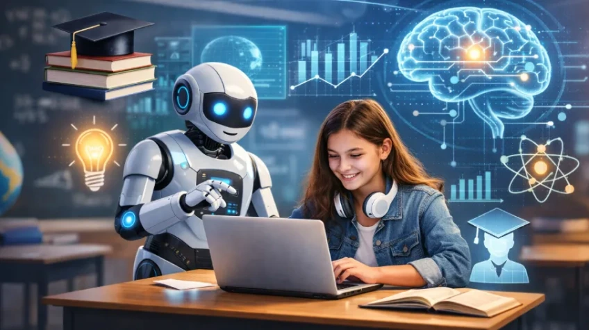 Impact of AI Chatbots on Modern Education and Learning - WeeTech Solution Pvt Ltd Student using laptop with AI robot assistant in a digital learning environment