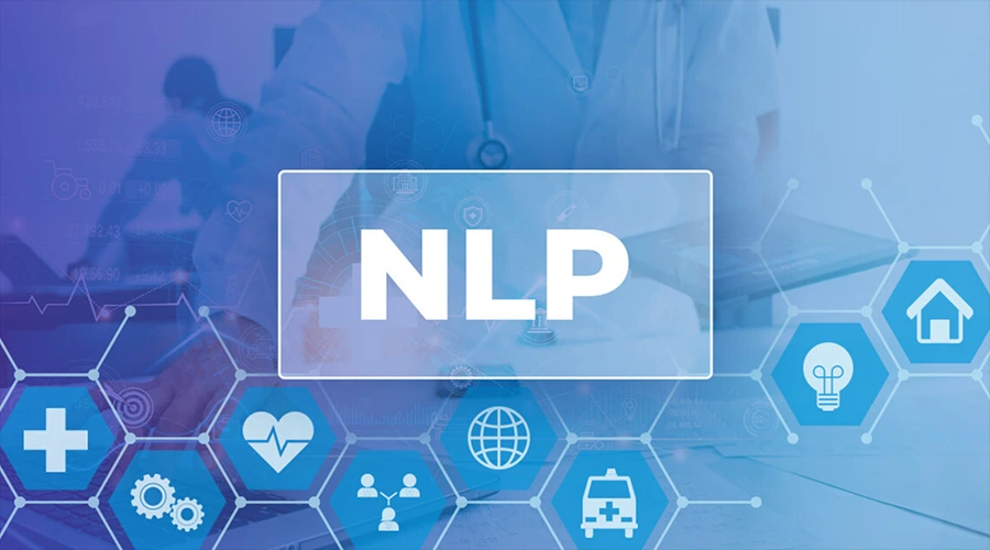 "NLP" text displayed on a digital screen surrounded by blue hexagonal healthcare icons.