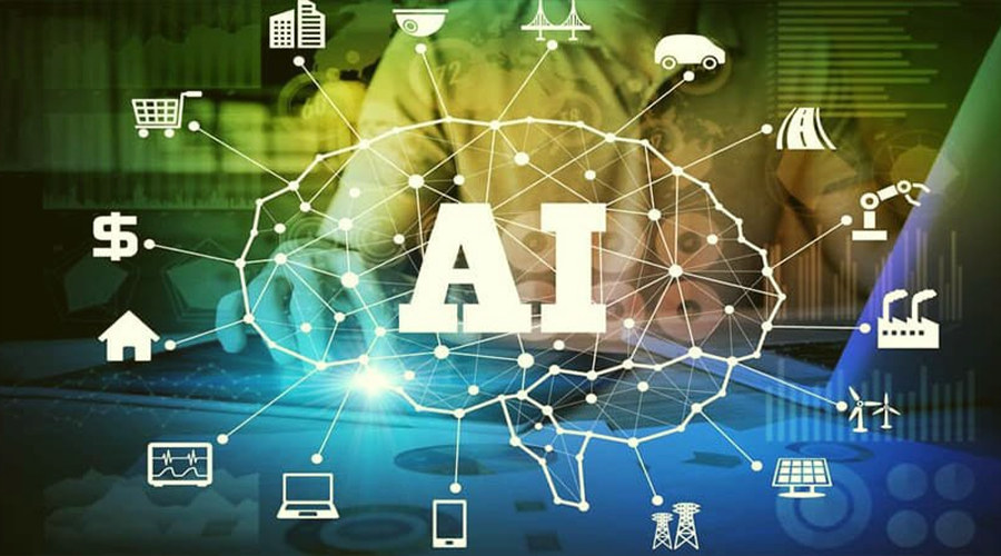 A digital illustration of a brain network centered on the letters "AI," with nodes connecting to various industry icons like a car, shopping cart, and house.