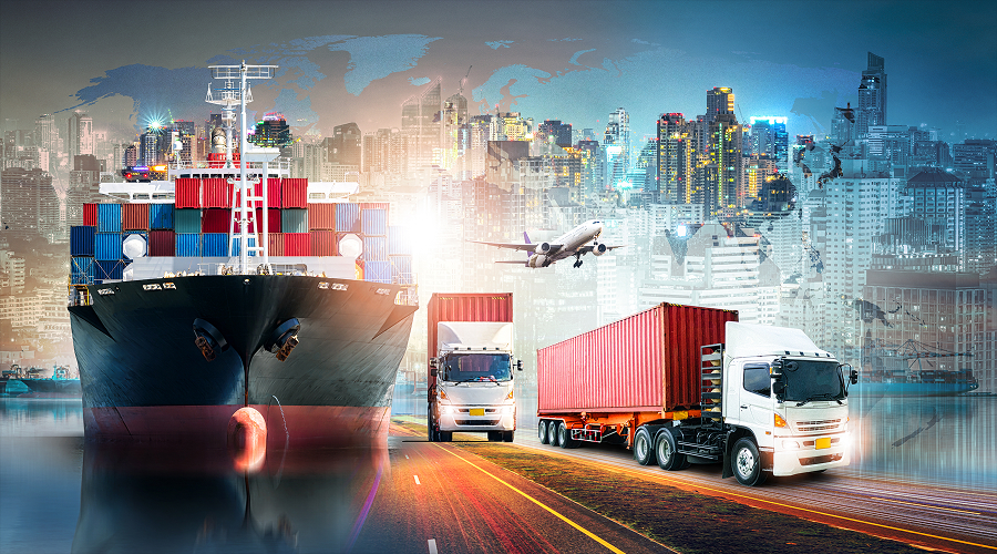 Logistics and Supply Chain - WeeTech Solution Pvt Ltd A container ship, cargo trucks, and a flying airplane overlaid against a cityscape, representing global transportation and logistics.