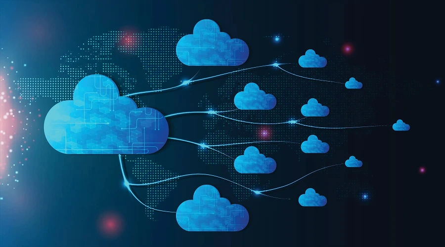 Multi-Cloud and Distributed Deployments Are Now Commonly Used - WeeTech Solution Pvt Ltd A large blue cloud icon branching out into multiple smaller cloud shapes across a digital world map background, symbolizing distributed multi-cloud architecture.