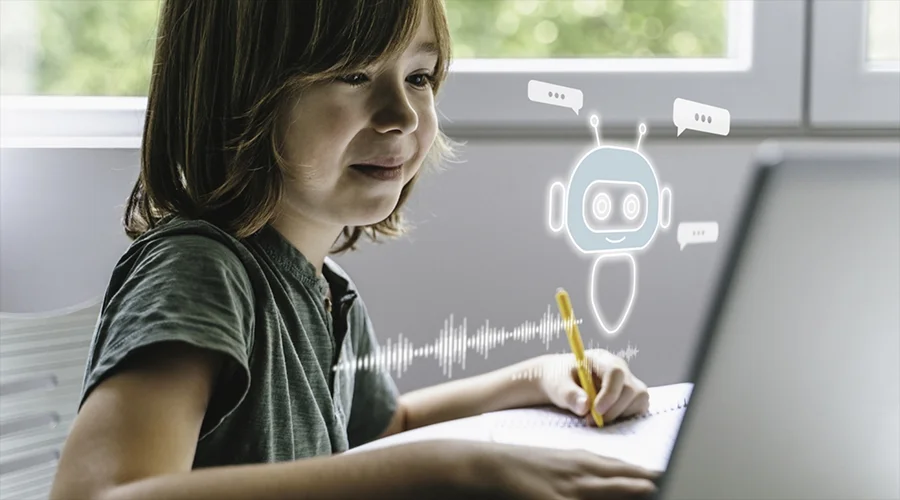 A child writing in a notebook while looking at a laptop screen with an animated AI assistant icon and soundwave graphic.