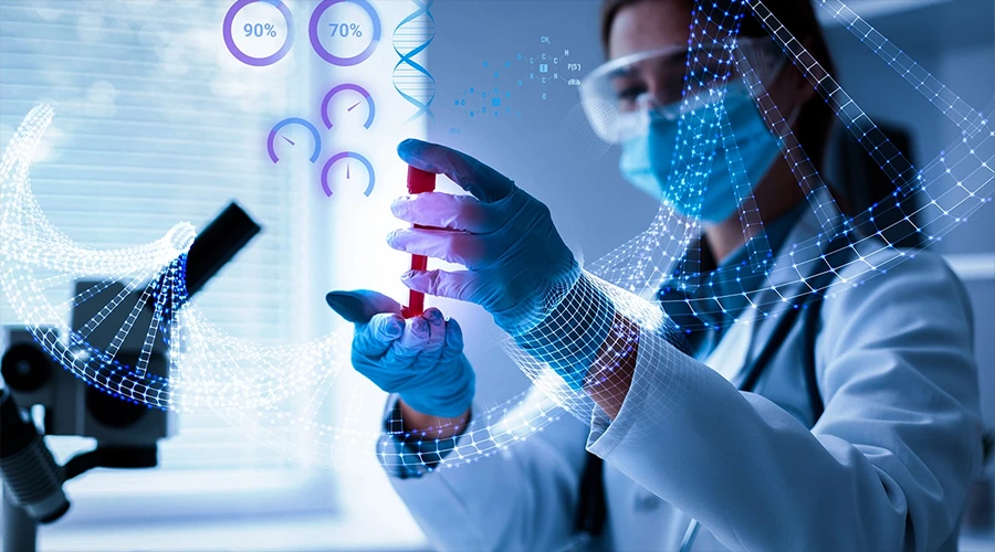 Researcher in protective gear examining a vial in a laboratory with glowing DNA graphics overlaid.