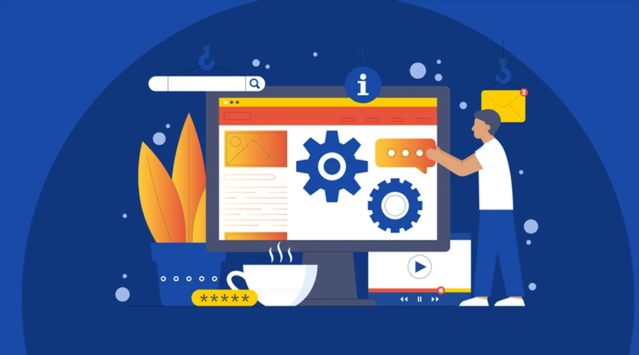 Platform Engineering Is Gaining Traction - WeeTech Solution Pvt Ltd A flat illustration of a person configuring a large computer monitor displaying interlocking gears and workflow interfaces, representing platform engineering.