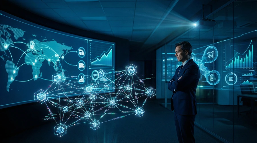 Real World Applications of Multi Agent AI Systems - WeeTech Solution Pvt Ltd Businessman standing in a high-tech control room with digital global network visualizations and data dashboards displayed.