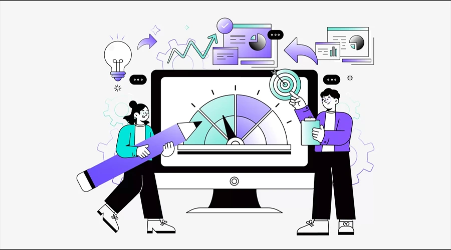 Research & Idea Validation. - WeeTech Solution Pvt Ltd Illustration of two people reviewing analytics and targets on a large monitor.