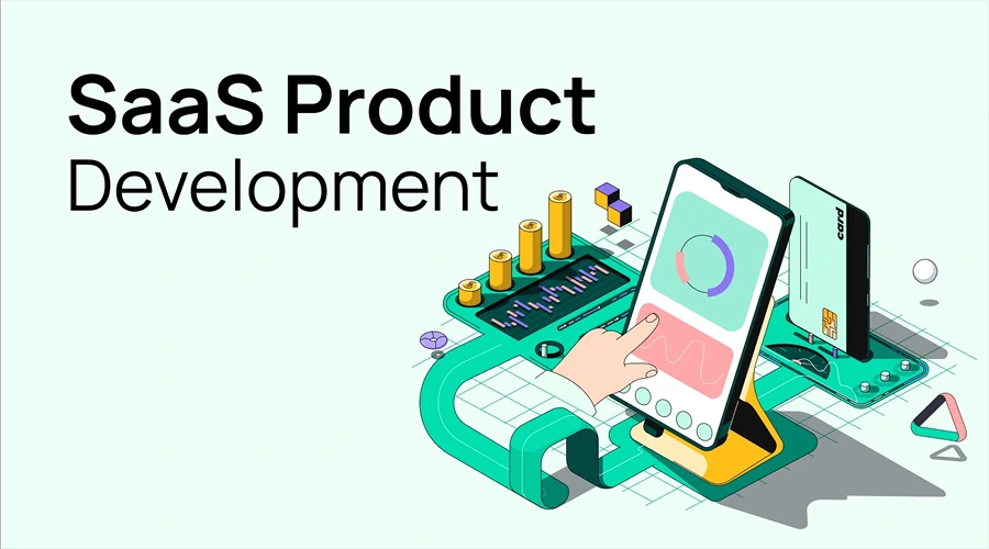 SaaS Product Development - WeeTech Solution Pvt Ltd SaaS Product Development" title next to isometric illustrations of a smartphone and digital tools.
