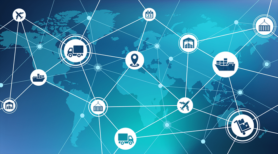 A world map background overlayed with a network of interconnected lines and circular icons representing logistics, shipping, and transport.