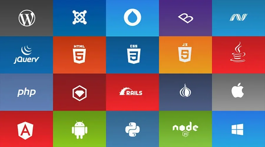 Grid of various tech logos including WordPress, HTML5, CSS3, JavaScript, Java, PHP, Python, and Node.js.