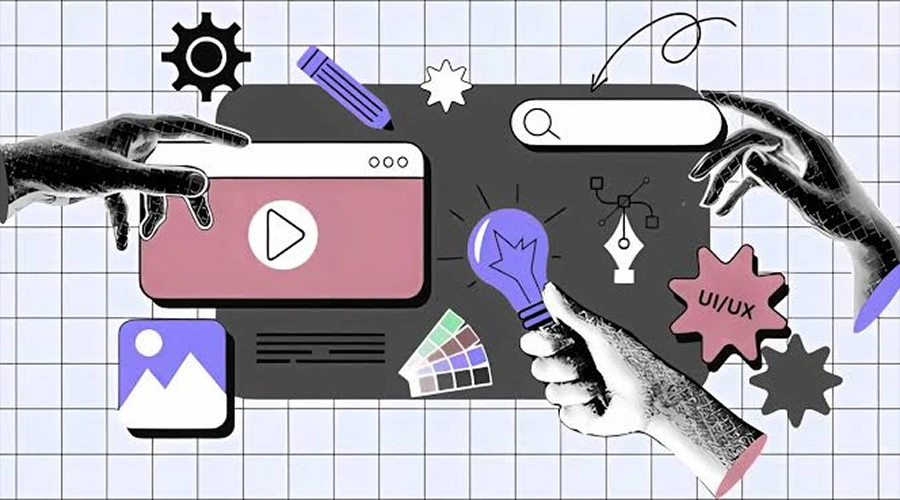 UX Design & Architecture. - WeeTech Solution Pvt Ltd Illustrated collage of hands interacting with UI/UX design tools on a grid background.