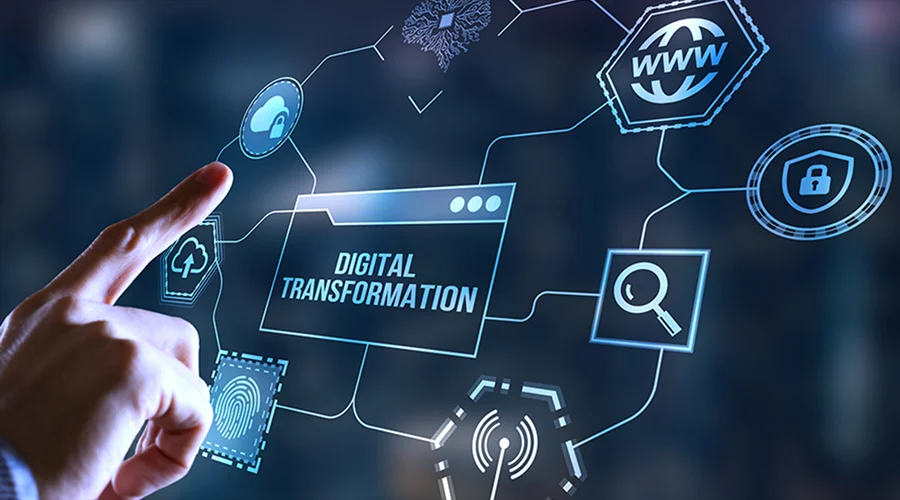 A finger pointing to a digital graphic displaying "Digital Transformation" connected to cloud, security, and web network icons.