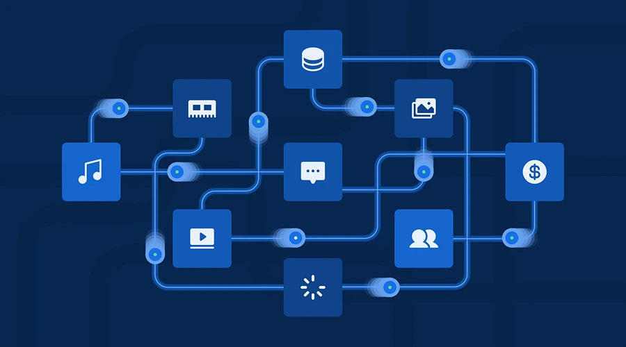 What Exactly Are Microservices - WeeTech Solution Pvt Ltd An interconnected network of modular blue icons representing distinct application components—such as databases, messaging, and payments illustrating a microservices architecture.