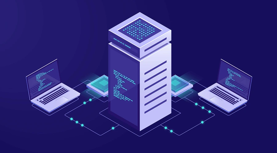 What Exactly is Serverless Computing - WeeTech Solution Pvt Ltd An isometric illustration of a central server tower displaying code, connected via glowing data tracks to two laptops on a dark purple background.