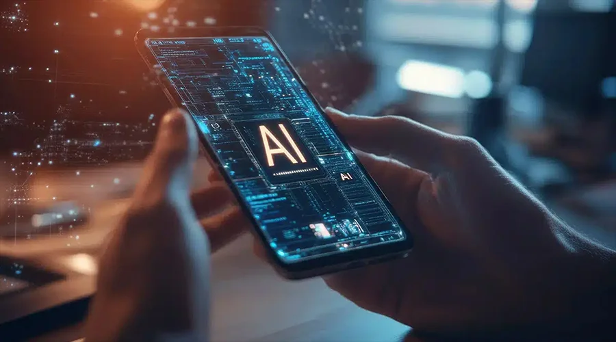What Is AI in Mobile App Development - WeeTech Solution Pvt Ltd Two hands holding a smartphone that displays a complex, glowing blue digital circuit board pattern with a prominent gold "AI" central processor logo on the screen.