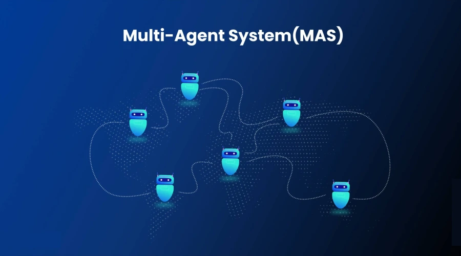 What Is a Multi Agent AI System_ - WeeTech Solution Pvt Ltd Diagram labeled "Multi-Agent System (MAS)" showing stylized robot icons interconnected by dashed lines over a blue background.