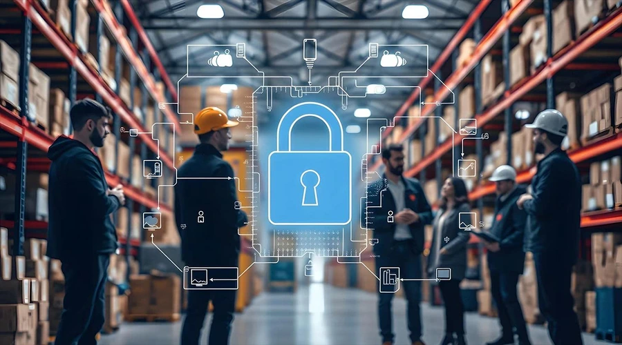 Which software supply chain security tool should you choose - WeeTech Solution Pvt Ltd A group of warehouse workers looking at a large, glowing digital padlock illustration with an interconnected data network overlay.