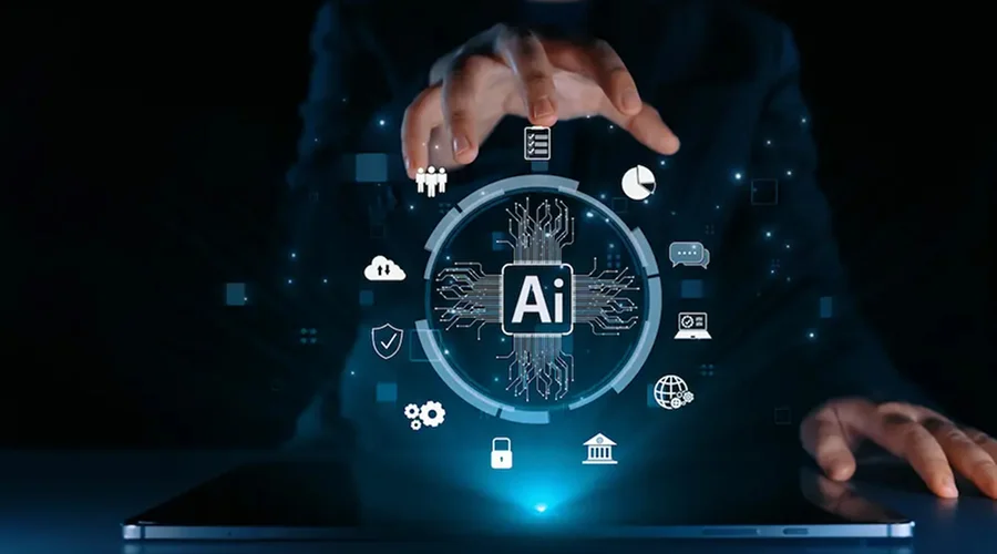 Why Generative AI Integration Matters for Businesses Today - WeeTech Solution Pvt Ltd A hand reaching toward a glowing digital AI microchip graphic surrounded by various business technology icons.