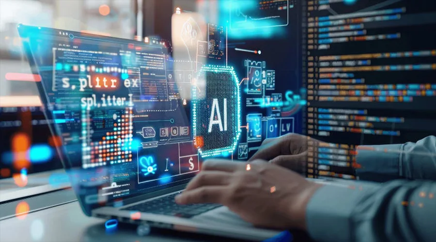 AI Powered Software Development - WeeTech Solution Pvt Ltd Hands typing on a laptop displaying code with a glowing AI icon overlay.