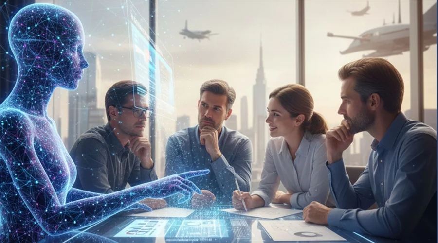AI Trends Mean For Business Strategy - WeeTech Solution Pvt Ltd Business professionals meeting around a table with a glowing digital AI avatar presenting data.