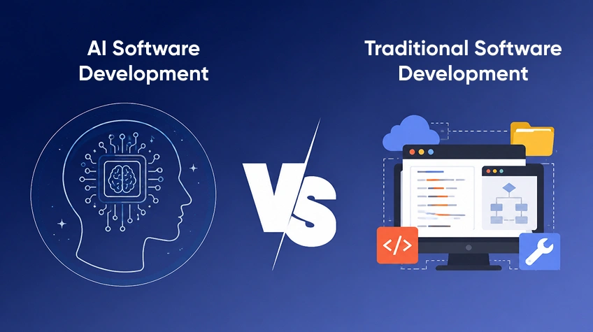 AI vs Traditional Software Development Key Differences Explained - WeeTech Solution Pvt Ltd Clean graphic banner featuring a digital brain icon alongside standard coding tools and UI elements.