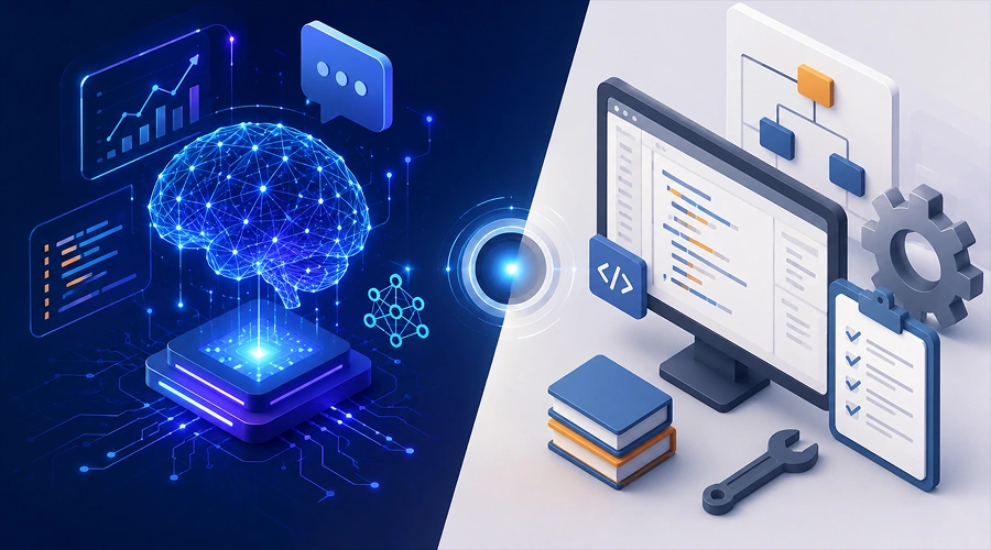 AI vs Traditional Software Development Key Differences - WeeTech Solution Pvt Ltd Diagonal split visual contrasting a glowing 3D neural brain network with traditional flowcharts, code editors, and engineering tools.