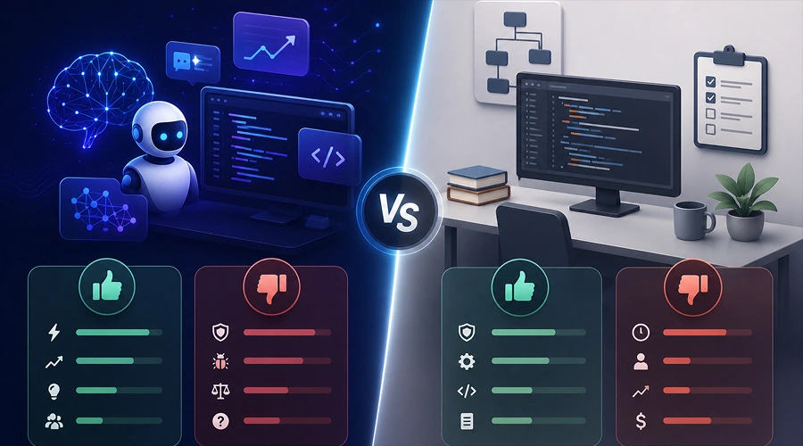 Advantages and Limitations of Each Approach - WeeTech Solution Pvt Ltd Split-screen chart showing pros/cons metric bars for AI-driven vs. traditional software development.