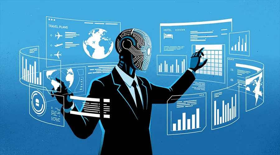 Agentic AI Systems - WeeTech Solution Pvt Ltd Illustrated robot in a business suit interacting with floating digital dashboards and data screens.