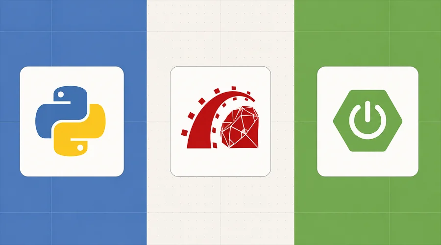 Back End Technologies Behind a Reliable LMS - WeeTech Solution Pvt Ltd Logos for Python, Ruby on Rails, and Spring Boot.