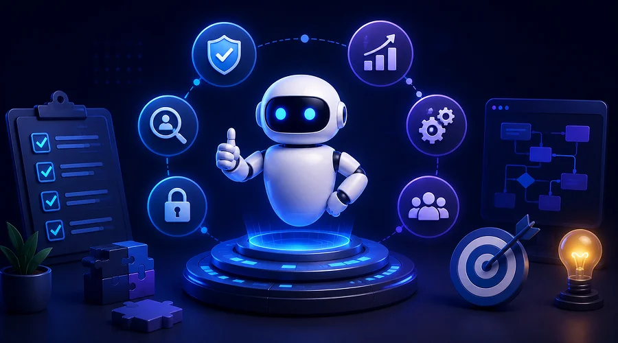 Best Practices for Successful AI Agent Development - WeeTech Solution Pvt Ltd A 3D robot giving a thumbs-up on a futuristic podium, surrounded by floating icons representing security, growth, and settings.