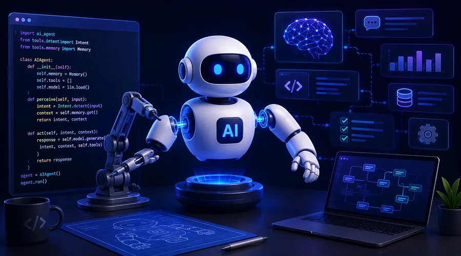 Building the AI Agent - WeeTech Solution Pvt Ltd A 3D robot with a mechanical arm working at a desk alongside a laptop, floating Python code, and a digital brain hologram.