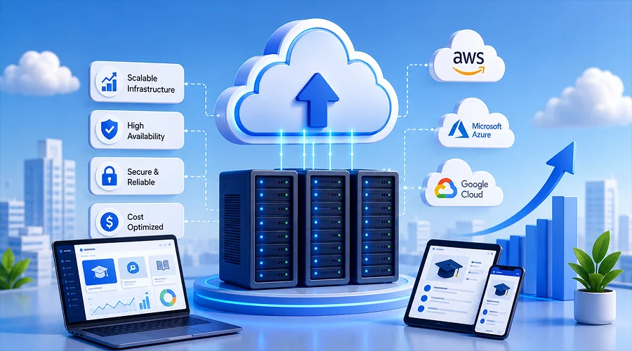 Cloud Hosting and Infrastructure That Support Growth - WeeTech Solution Pvt Ltd 3D illustration of cloud servers with AWS, Azure, and Google Cloud logos.