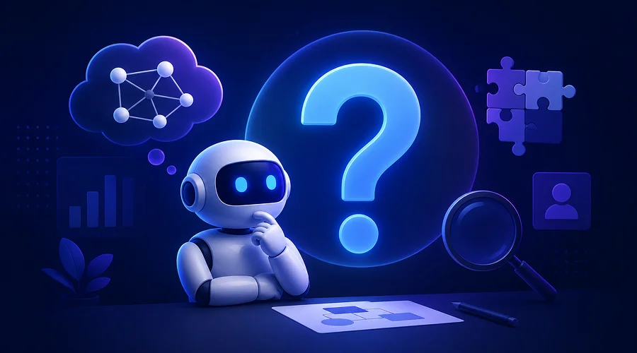 Define the Problem - WeeTech Solution Pvt Ltd A 3D robot sitting in a thoughtful pose looking at a large glowing question mark, floating puzzle pieces, and a network node cloud.
